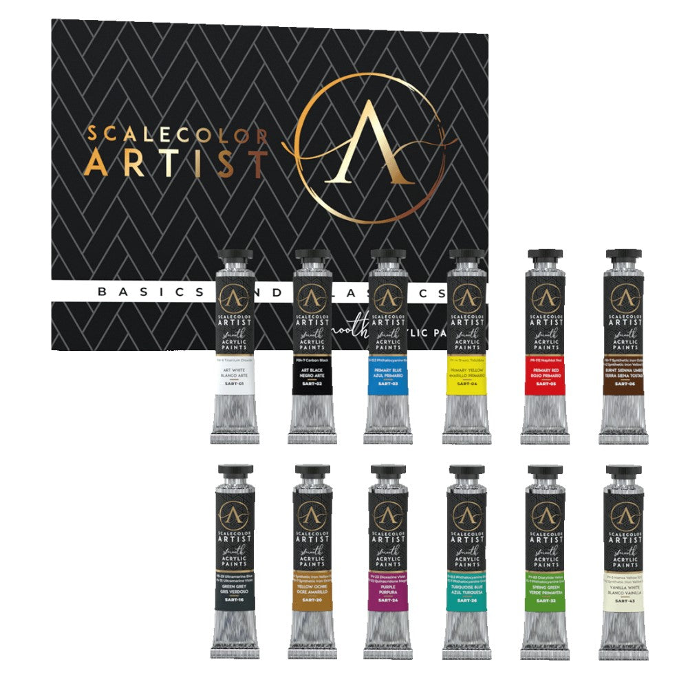 Scale 75 ScaleColour Artist Basics and Classics heavy body acrylic paint set featuring a black box logo and 12 individual paint tubes in various Colours including white black blue yellow red sienna green ocher purple turquoise spring green and vanilla