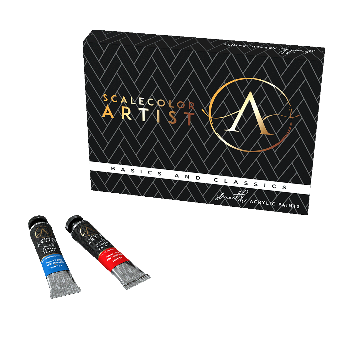 Scale 75 ScaleColour Artist acrylic heavy body paint set featuring a black box with gold ARTIST text and BASICS AND CLASSICS below alongside two paint tubes in red and primary blue
