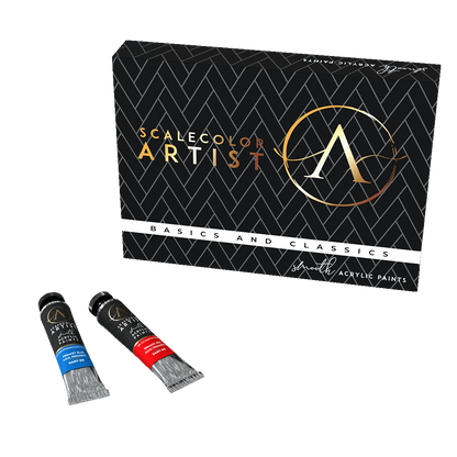 Scale 75 ScaleColour Artist acrylic heavy body paint set featuring a black box with gold ARTIST text and BASICS AND CLASSICS below alongside two paint tubes in red and primary blue