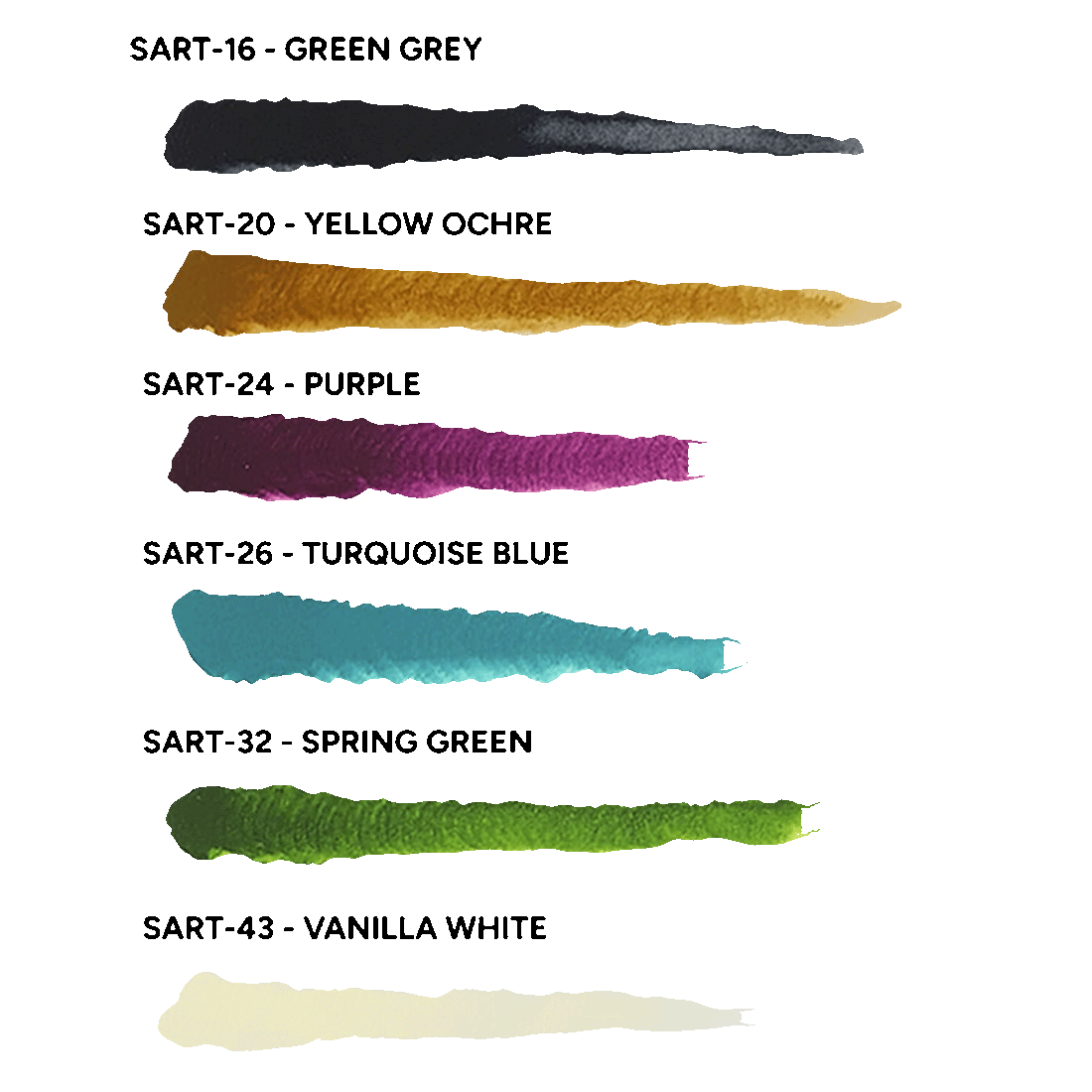 Scale 75 ScaleColour Artist Acrylics Heavy Body Paint Swatches including SART-16 Green Grey SART-20 Yellow Ochre SART-24 Purple SART-26 Turquoise Blue SART-32 Spring Green and SART-43 Vanilla White
