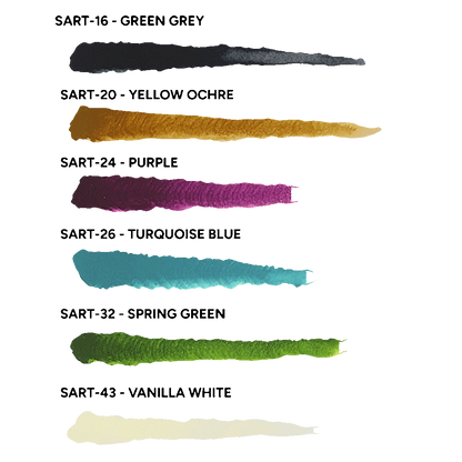 Scale 75 ScaleColour Artist Acrylics Heavy Body Paint Swatches including SART-16 Green Grey SART-20 Yellow Ochre SART-24 Purple SART-26 Turquoise Blue SART-32 Spring Green and SART-43 Vanilla White