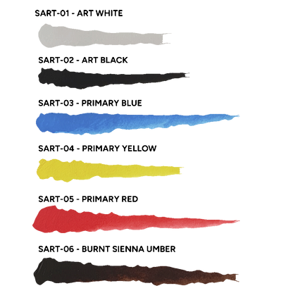 Scale 75 ScaleColour Artist Acrylics heavy body paint set with swatches of Art White Art Black Primary Blue Primary Yellow Primary Red and Burnt Sienna Umber paints