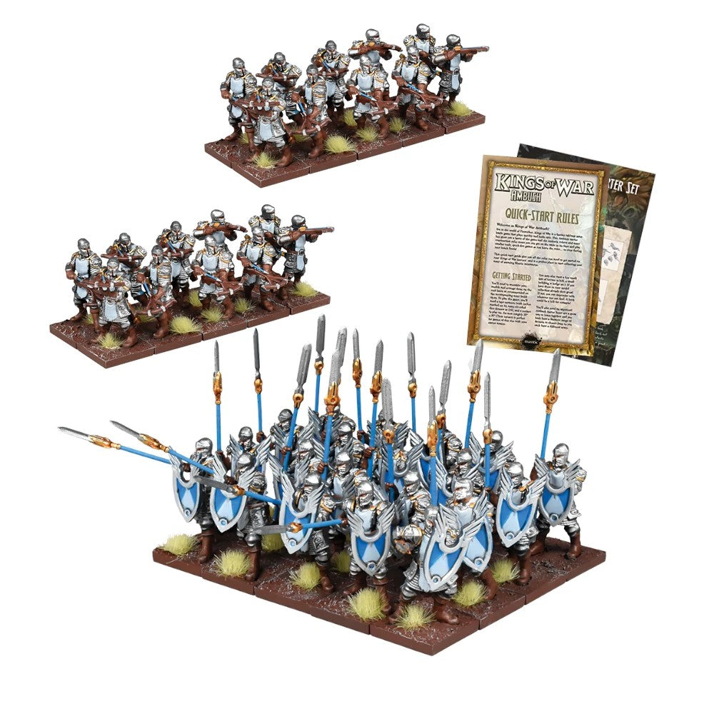 A Kings of War wargame set with painted fantasy miniatures two units of rifle-wielding soldiers, a unit of armored spearmen, and rulebooks