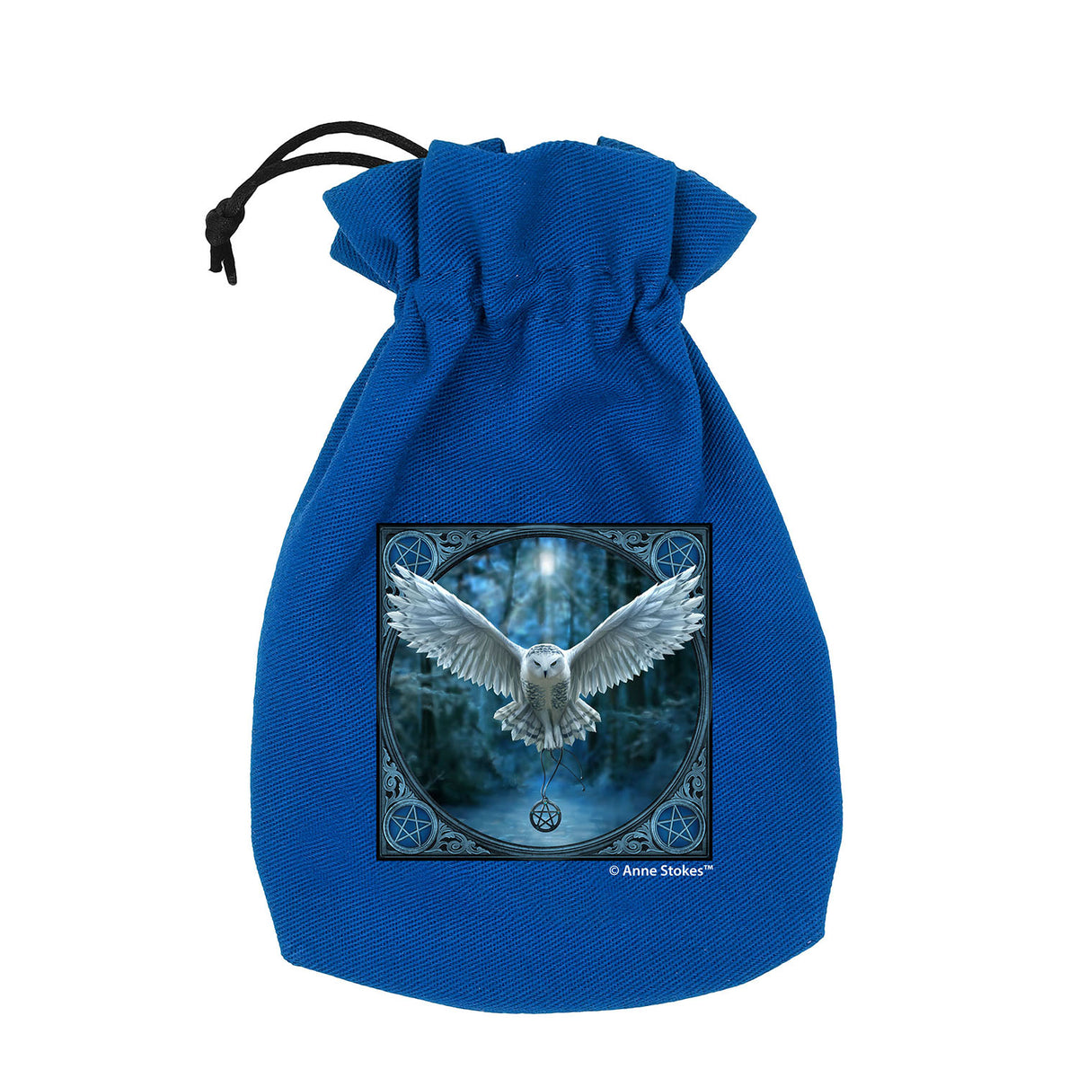 A blue drawstring pouch with a print of a white owl flying through a snowy forest, holding a pentagram.