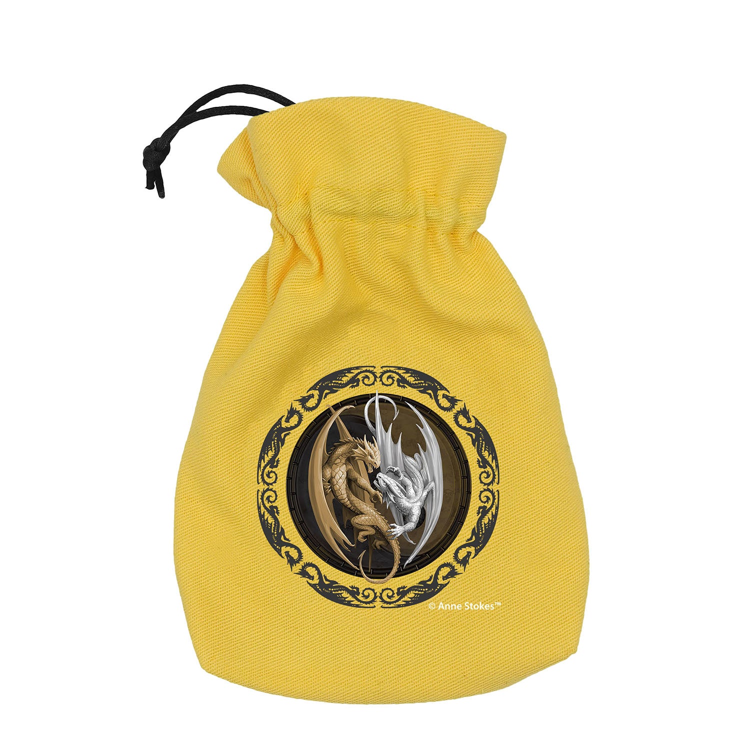 Q-Workshop Anne Stokes Double Dragon yellow dice pouch featuring intricate gold and silver dragon artwork within a detailed black Celtic-inspired frame