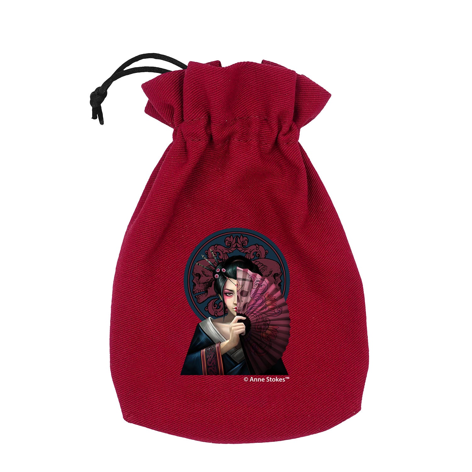 Red velvet dice pouch featuring Anne Stokes' Geisha Skull artwork depicting a geisha holding a fan revealing half a skull ideal for storing RPG gaming accessories