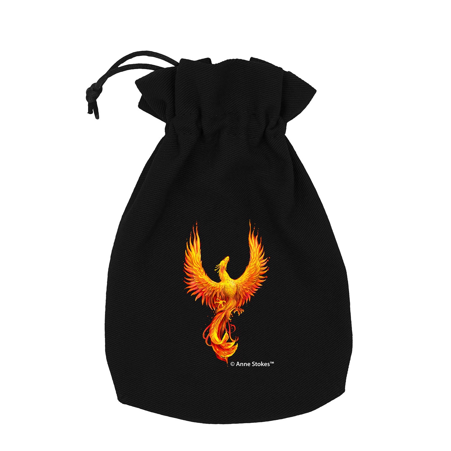 Black drawstring dice pouch by Q Workshop featuring a vibrant orange and yellow phoenix design by Anne Stokes ideal for storing gaming accessories or small items
