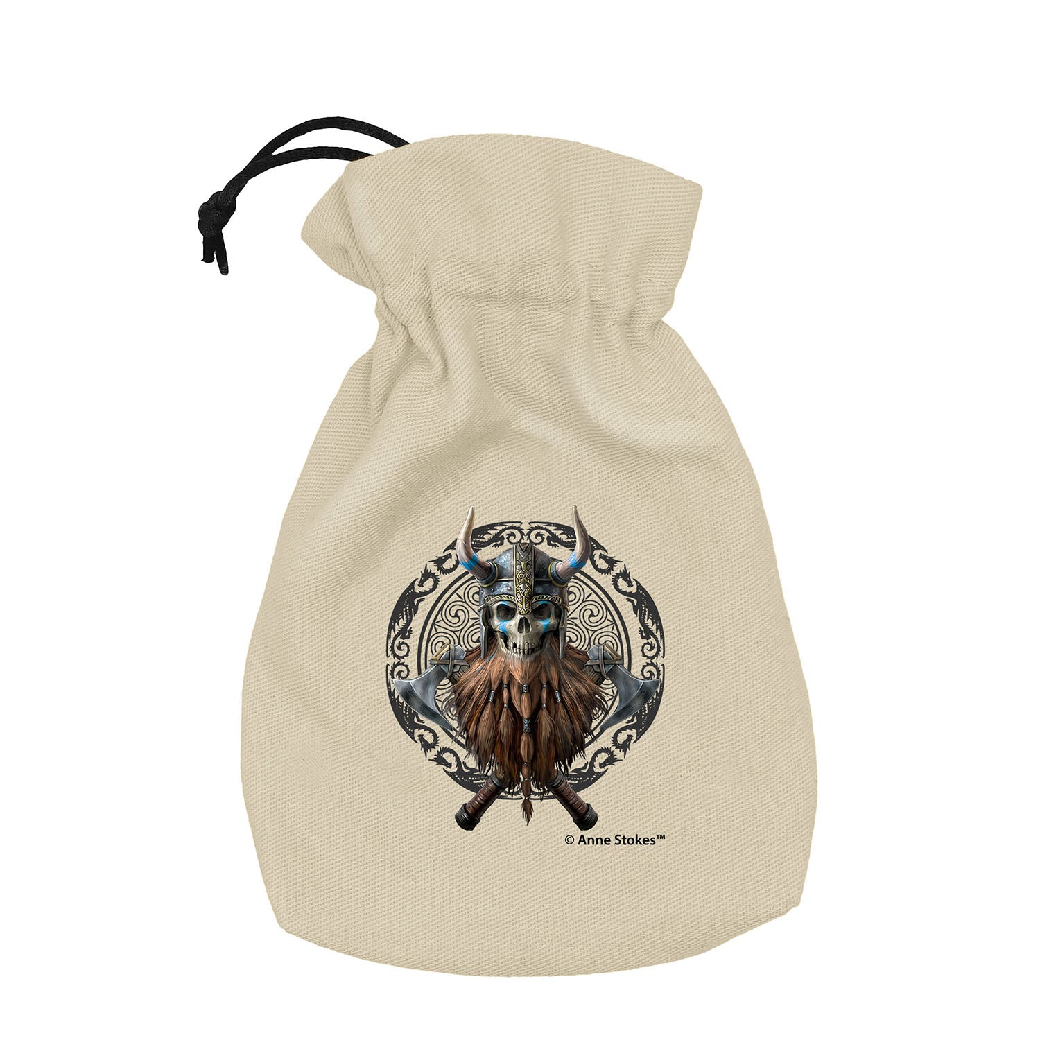 Beige drawstring bag with a Viking skull wearing a horned helmet, beard, and crossed axes.