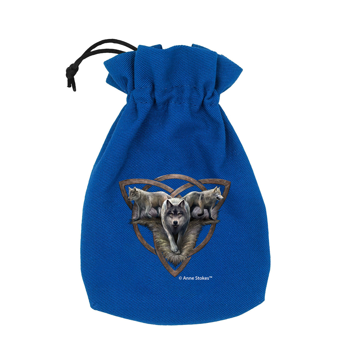 Anne Stokes Wolf Trio dice pouch in vibrant blue with a drawstring closure The front features a captivating illustration of three wolves within a Celtic knot design
