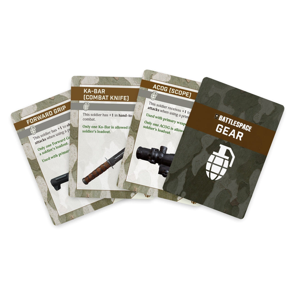 Four fanned Battlespace Gear game cards: Ka-Bar knife, ACOG scope, Forward Grip, and a grenade icon