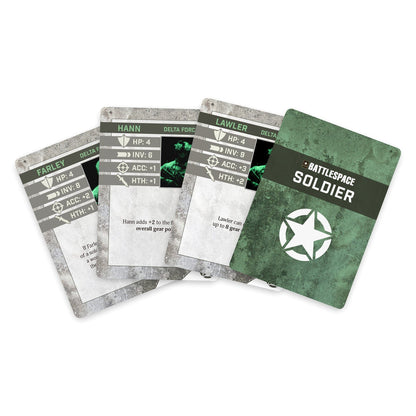 Four green and grey military-themed game cards fanned out, showing character stats and a "Battlespace Soldier" card back