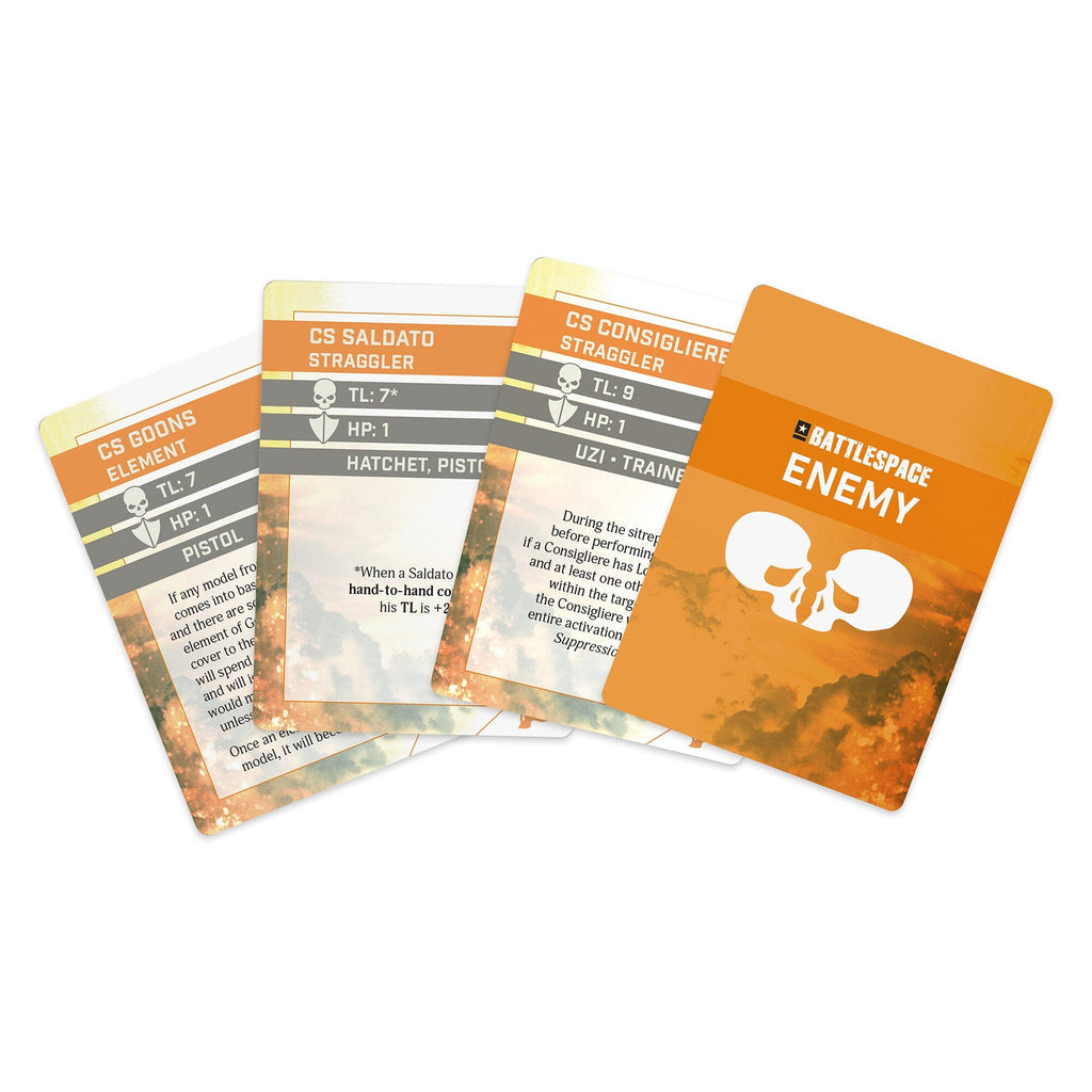 Four fanned-out orange and grey tabletop game cards. The front card shows "BATTLESPACE ENEMY" with two white skulls