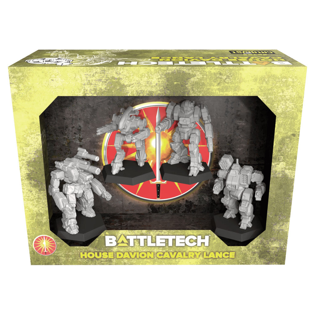BattleTech: House Davion Cavalry Lance box featuring four unpainted grey 'Mech miniatures