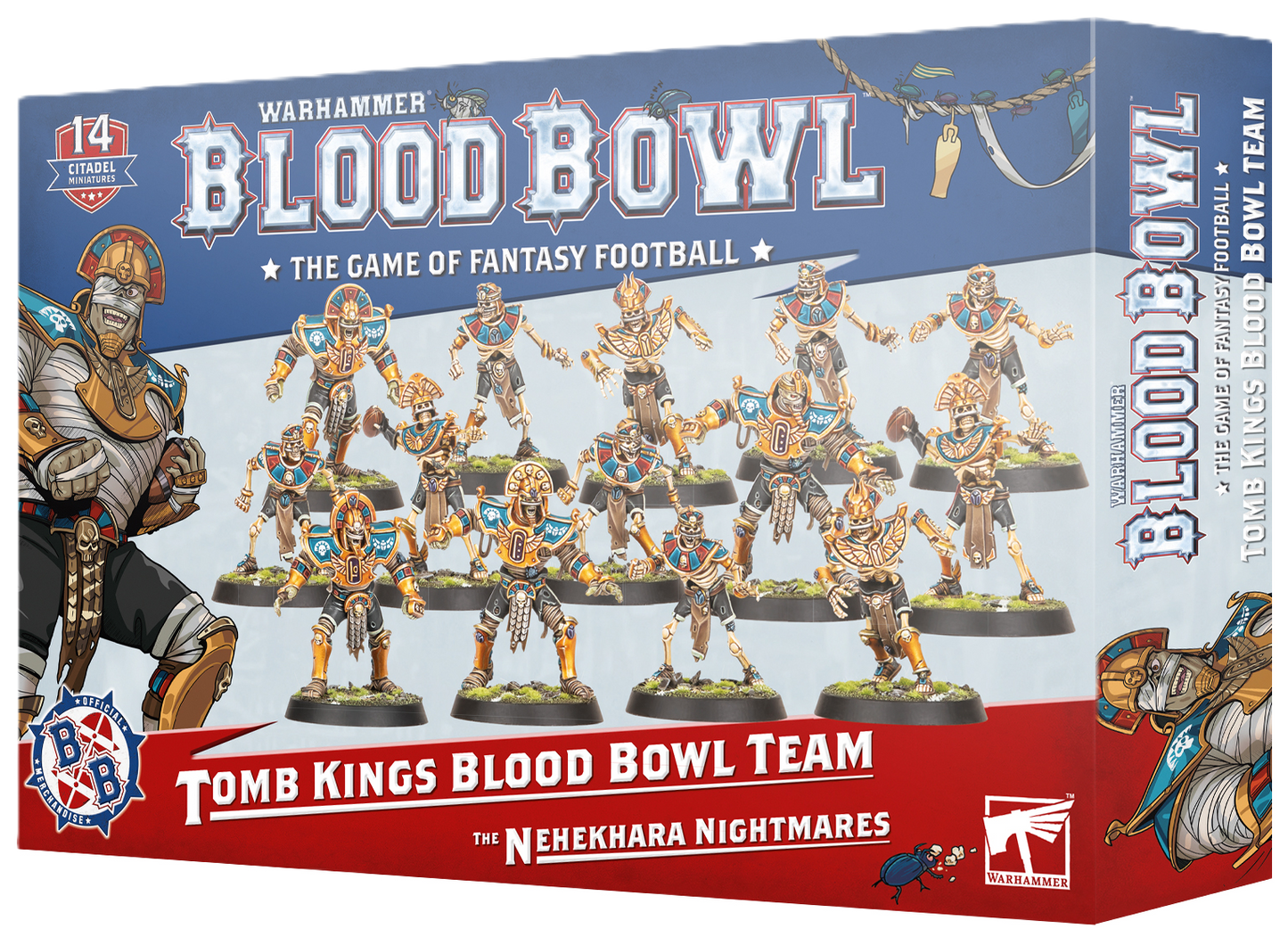 Blood Bowl Tomb Kings Team miniature box, displaying 14 skeletal players in gold and blue Egyptian football armor