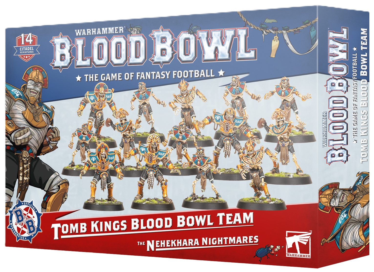 Blood Bowl Tomb Kings Team miniature box, displaying 14 skeletal players in gold and blue Egyptian football armor