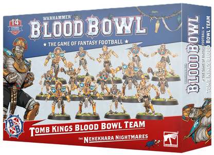 Blood Bowl Tomb Kings Team miniature box, displaying 14 skeletal players in gold and blue Egyptian football armor