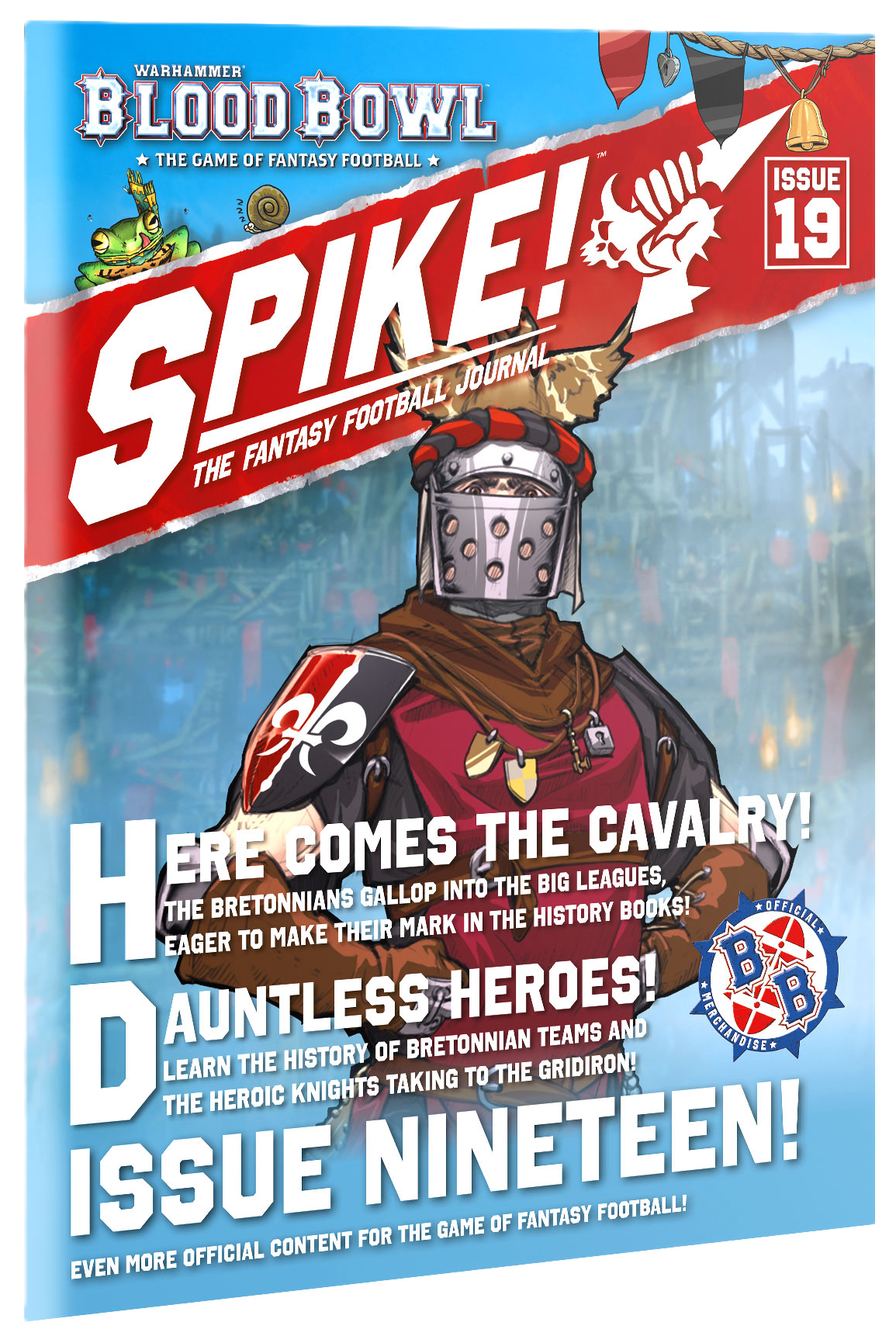 Blood Bowl Spike! Issue 19 cover art featuring a Bretonnian knight in full helm and fleur-de-lis armor