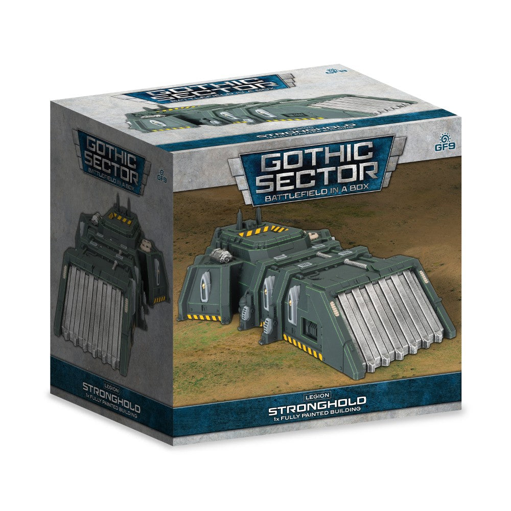The product box for Gothic Sector - Legion Stronghold displays a dark green, futuristic building with a large corrugated door and yellow markings