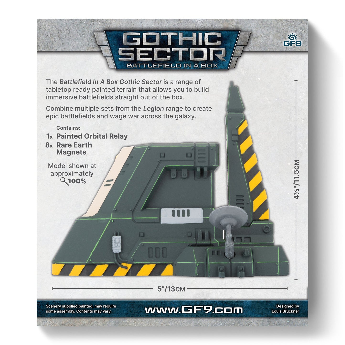 A painted dark green futuristic Orbital Relay terrain piece with yellow hazard stripes and a small satellite dish