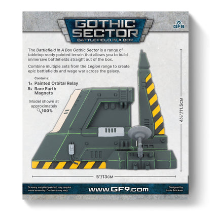 A painted dark green futuristic Orbital Relay terrain piece with yellow hazard stripes and a small satellite dish