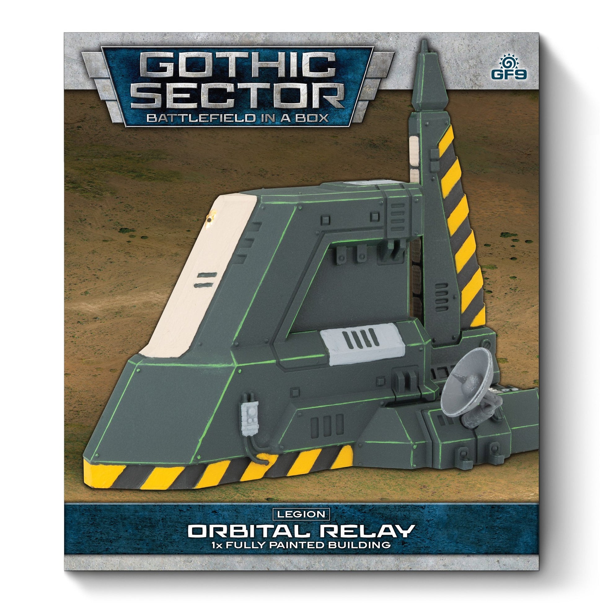 A fully painted Gothic Sector Orbital Relay model, a dark grey sci-fi building with yellow hazard stripes, green details, and a radar dish