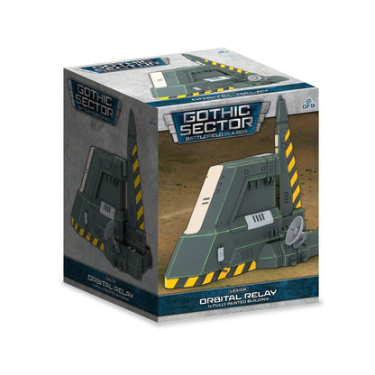 Product box for Gothic Sector Orbital Relay, a futuristic dark grey building with yellow stripes & a satellite dish