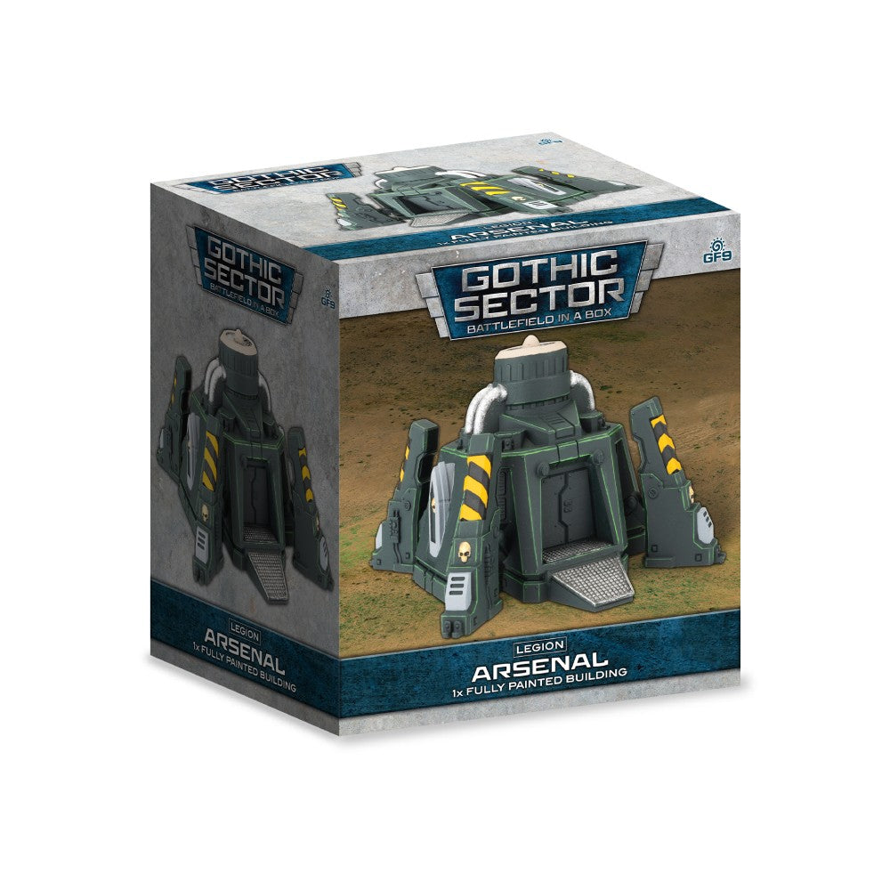 A dark green sci-fi "Legion Arsenal" miniature building with yellow hazard stripes, shown on its product box