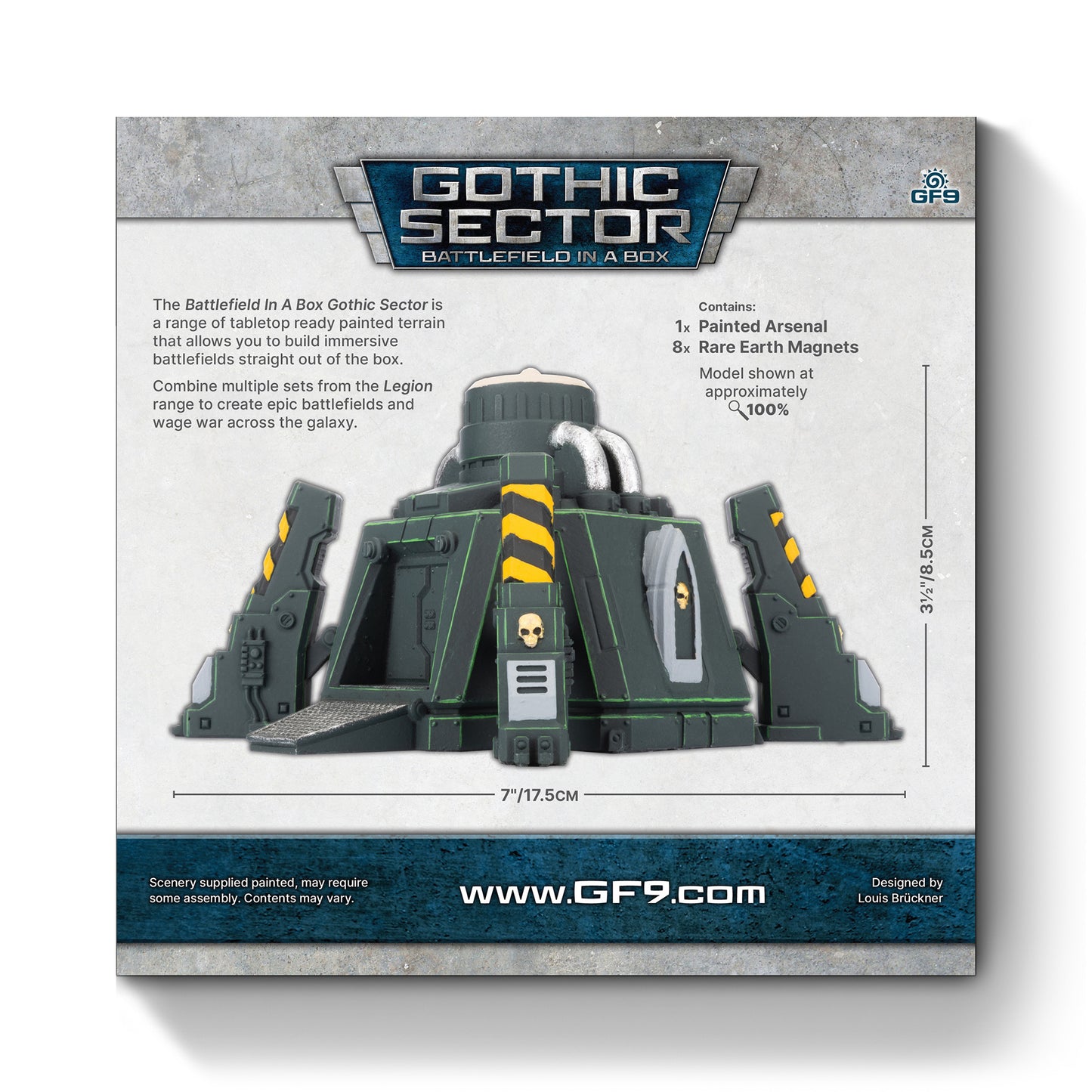 Back of Dark green gothic-style "Arsenal" model, fortified with pipes, skulls, and yellow warning stripes