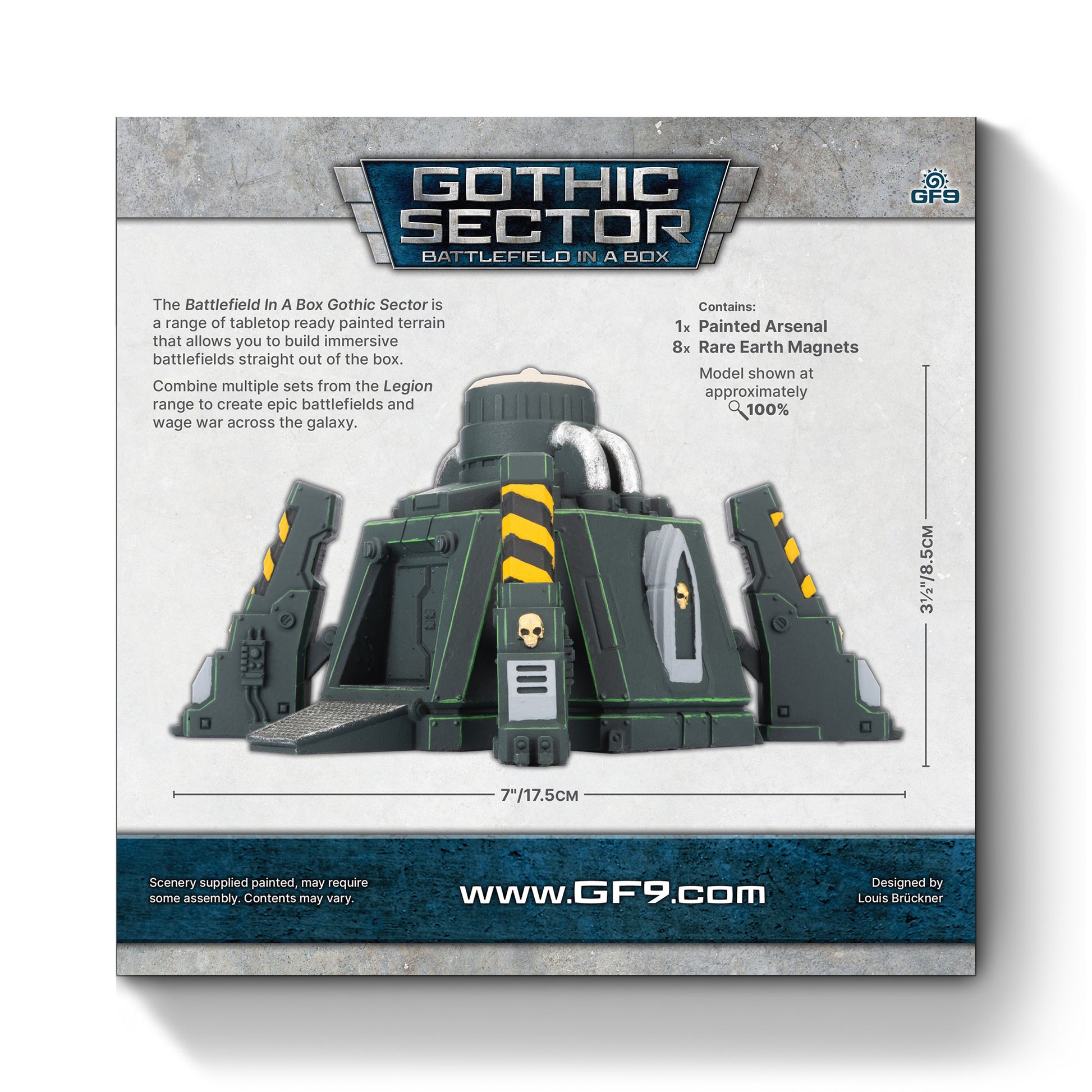 Back of Dark green gothic-style "Arsenal" model, fortified with pipes, skulls, and yellow warning stripes