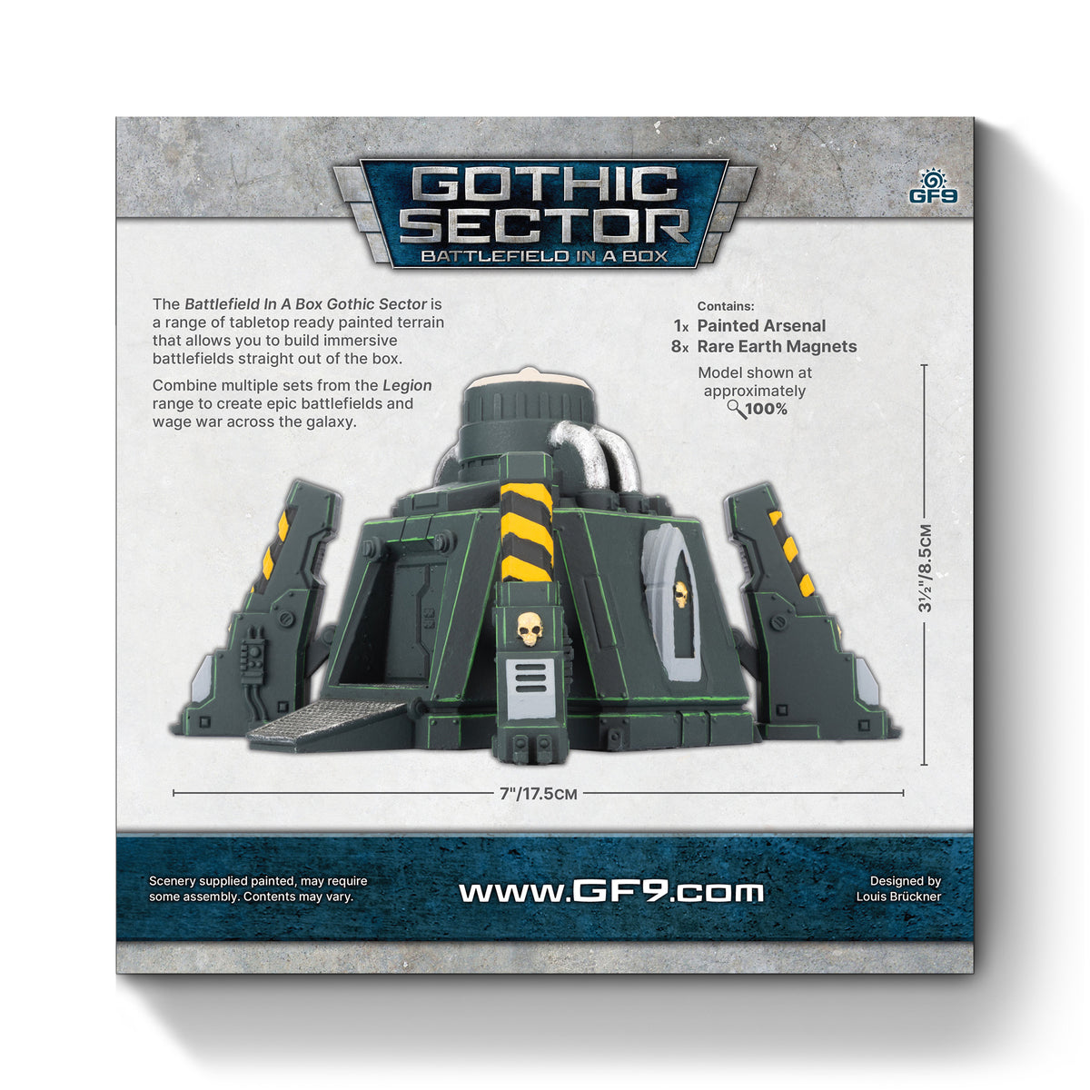 Back of Dark green gothic-style &quot;Arsenal&quot; model, fortified with pipes, skulls, and yellow warning stripes