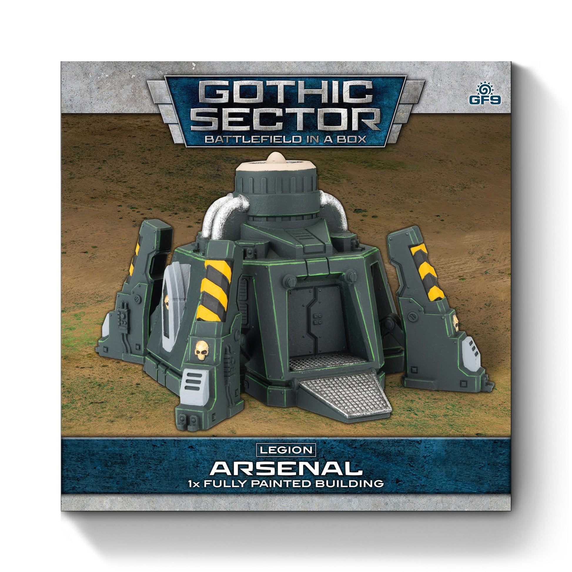 Gothic Sector terrain cover: A dark green industrial "Legion Arsenal" model building with yellow hazard stripes, skull decals, and a ramp