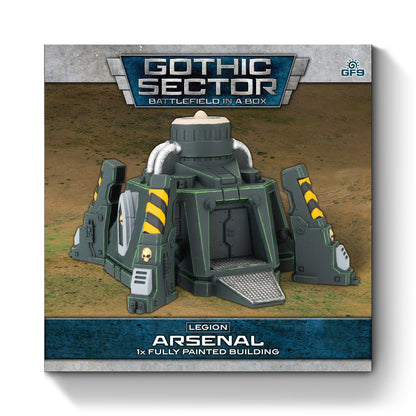 Gothic Sector terrain cover: A dark green industrial "Legion Arsenal" model building with yellow hazard stripes, skull decals, and a ramp