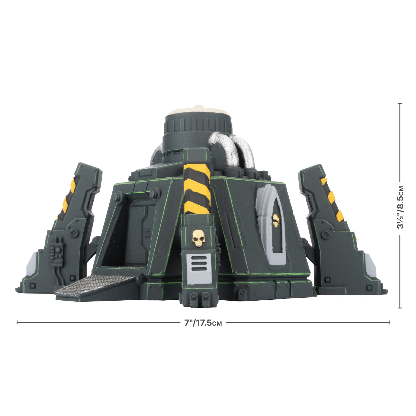 Dark green sci-fi industrial terrain piece: central core, 4 angled supports, yellow/black hazard stripes, skull emblems