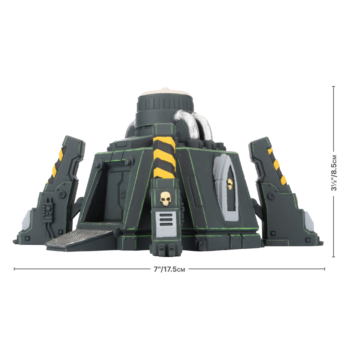 Dark green sci-fi industrial terrain piece: central core, 4 angled supports, yellow/black hazard stripes, skull emblems