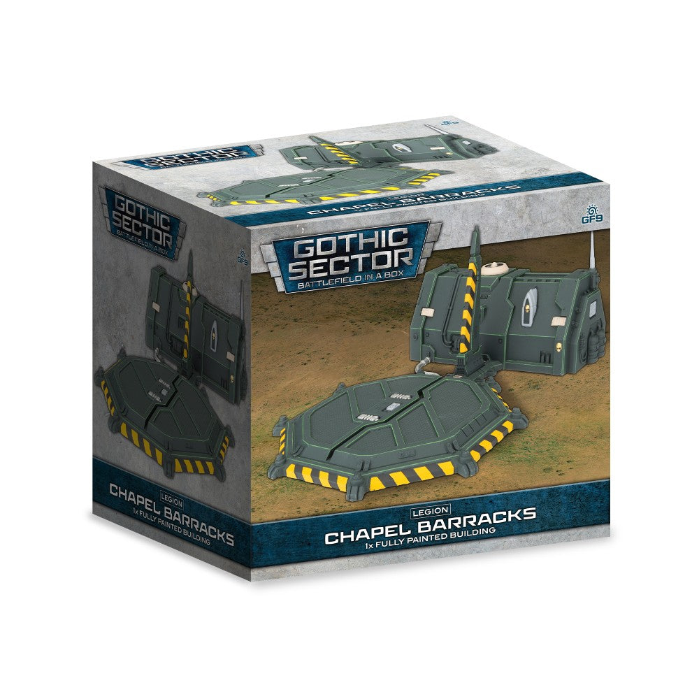 The product box for Gothic Sector Chapel Barracks displays a dark green modular building and connected landing pad with yellow hazard stripes on sandy terrain