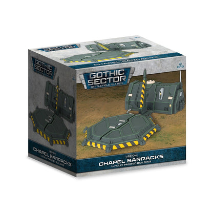 The product box for Gothic Sector Chapel Barracks displays a dark green modular building and connected landing pad with yellow hazard stripes on sandy terrain