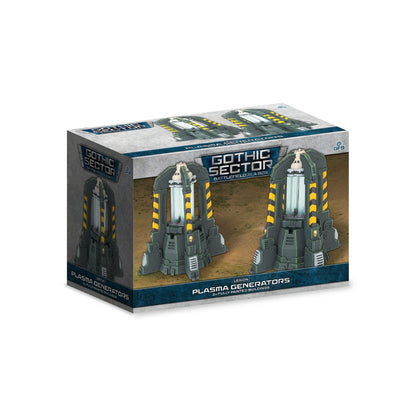 A product box shows two grey futuristic Plasma Generators with yellow hazard stripes and bright blue energy cells, set on a desert landscape