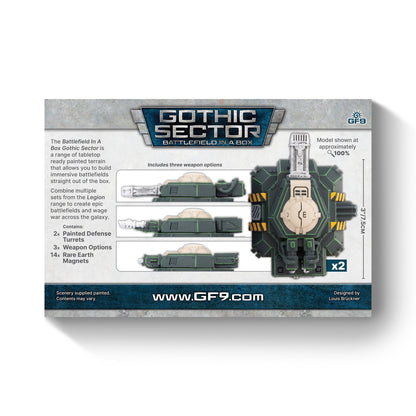 Gothic Sector Battlefield in a Box kit displays two dark green sci-fi defense turrets with three weapon options