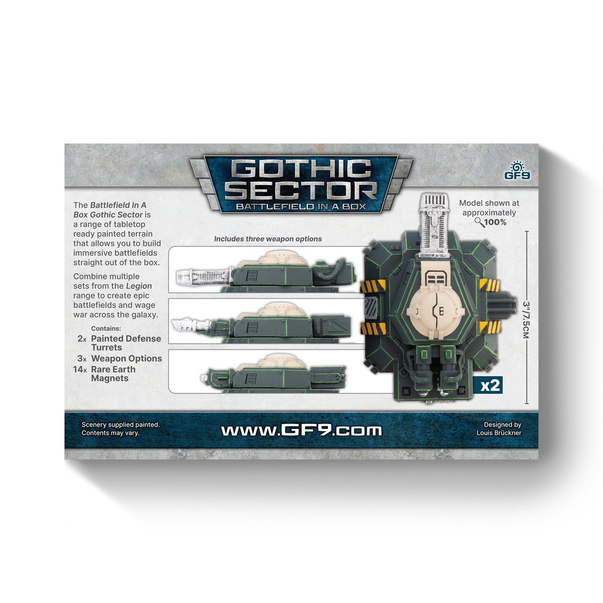 Gothic Sector Battlefield in a Box kit displays two dark green sci-fi defense turrets with three weapon options