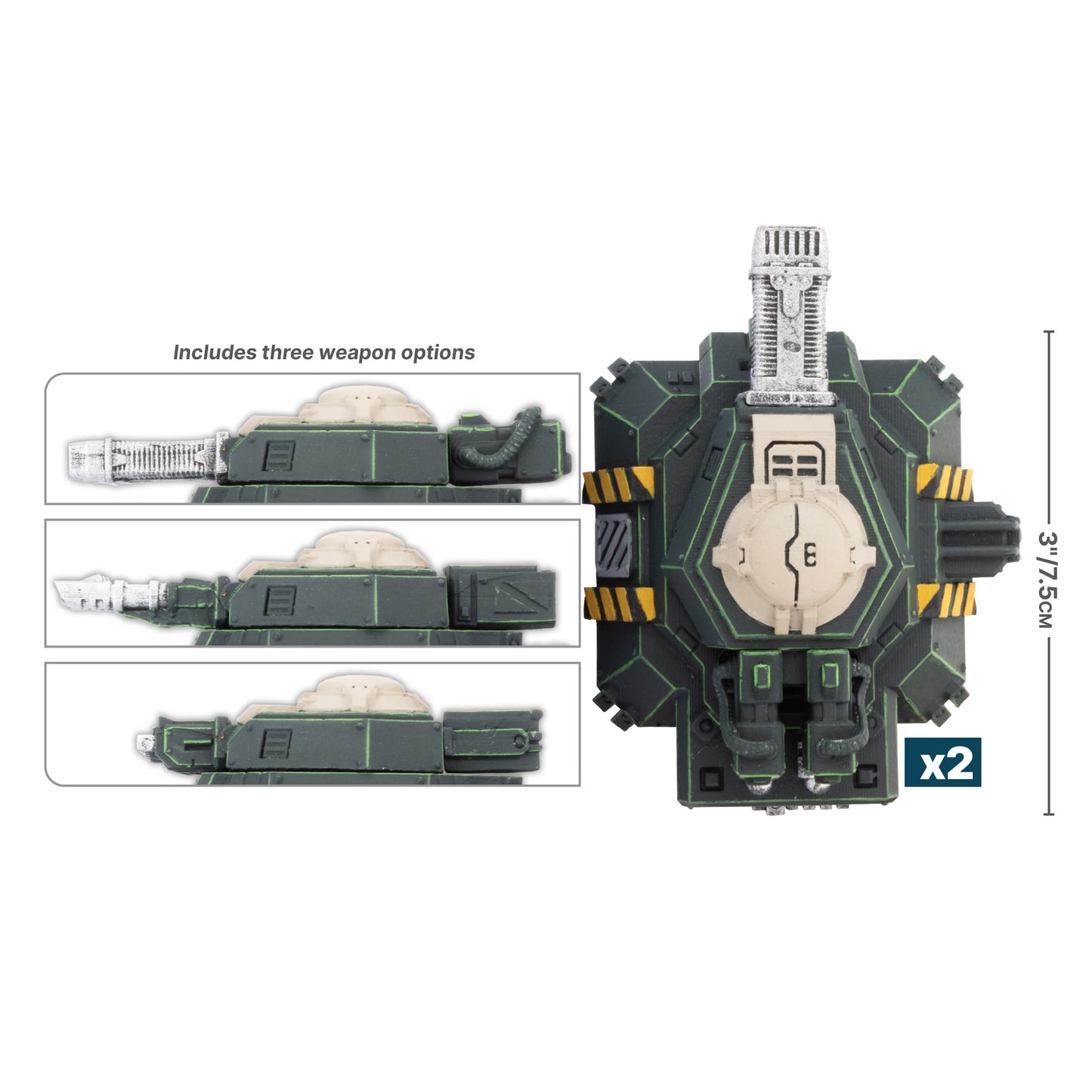 A dark green sci-fi miniature vehicle/turret, 3 inches tall, with yellow hazard stripes, shown with three weapon options