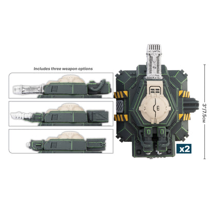 A dark green sci-fi miniature vehicle/turret, 3 inches tall, with yellow hazard stripes, shown with three weapon options