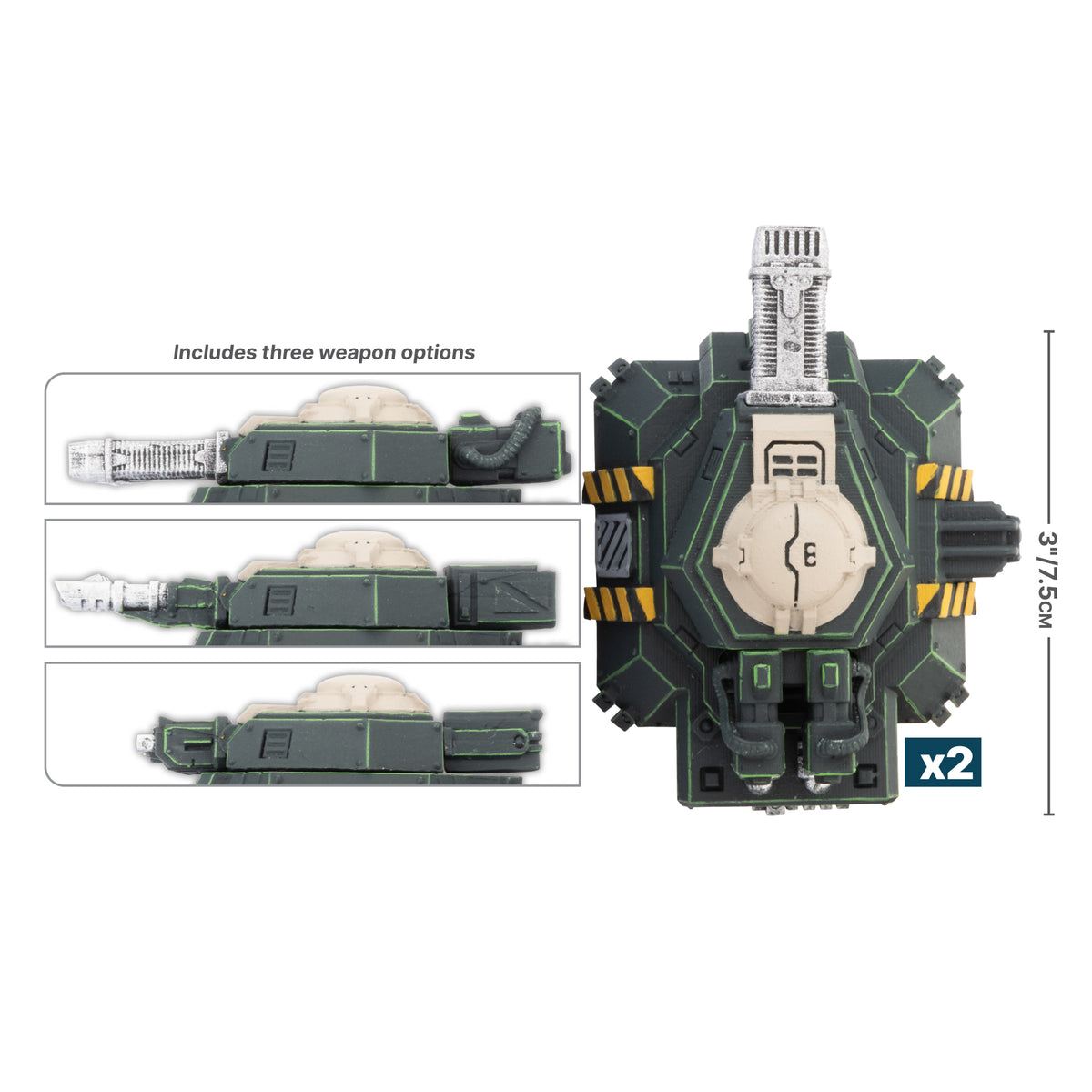 A dark green sci-fi miniature vehicle/turret, 3 inches tall, with yellow hazard stripes, shown with three weapon options