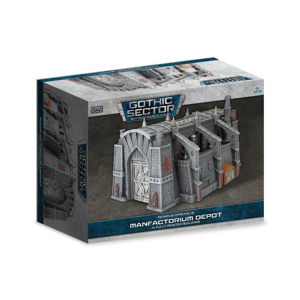 Product box for a Gothic Sector Manfactorium Depot miniature, depicting a grey building with red details and ornate doors
