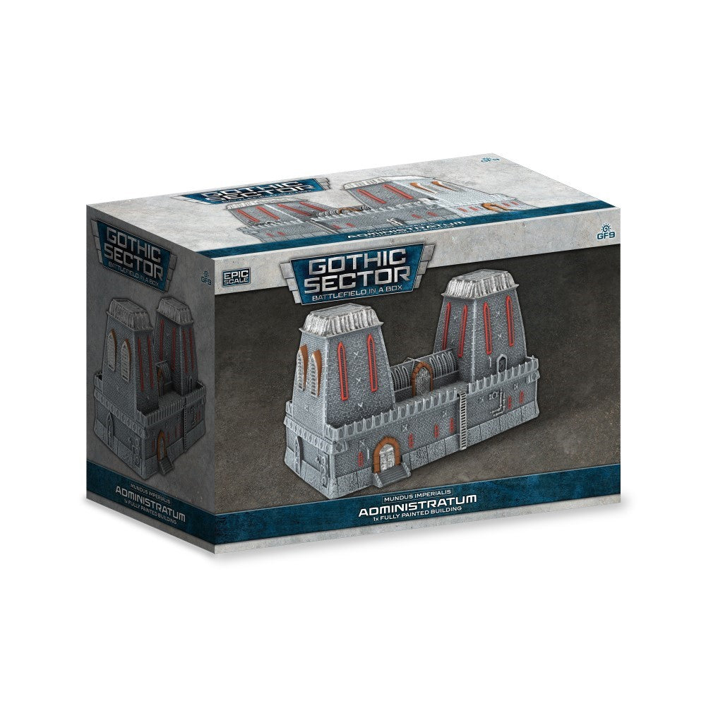 A retail box for "Gothic Sector" miniature terrain, displaying a fully painted grey gothic building model