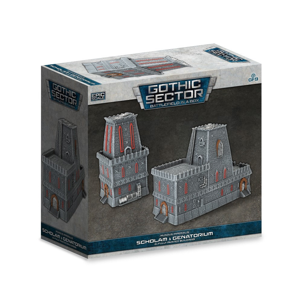 Retail box for "Gothic Sector: Battlefield in a Box" featuring two pre-painted grey and red gothic miniature buildings