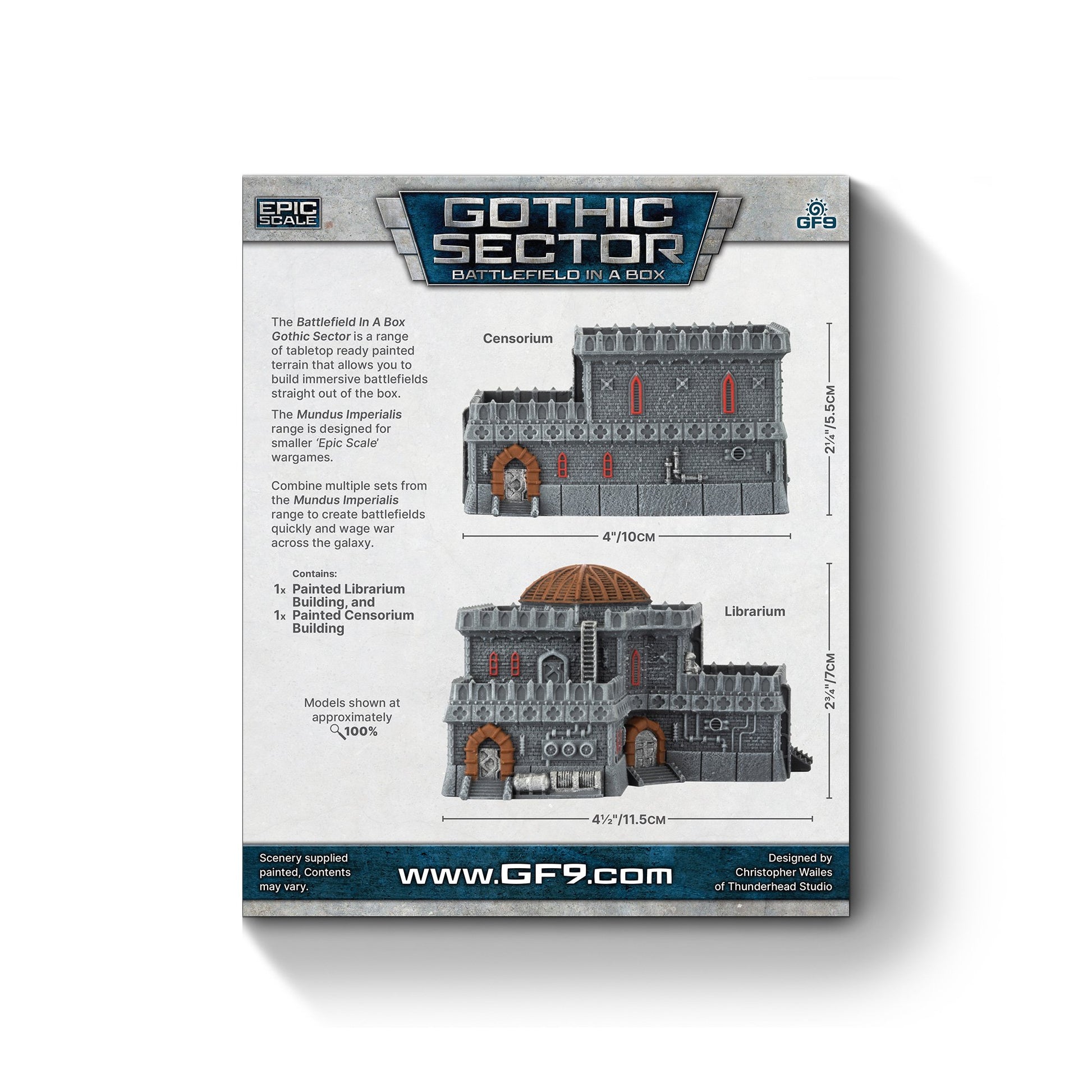 Product box showing two grey, gothic-style miniature buildings, Censorium and Librarium, with their dimensions