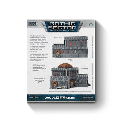 Product box showing two grey, gothic-style miniature buildings, Censorium and Librarium, with their dimensions
