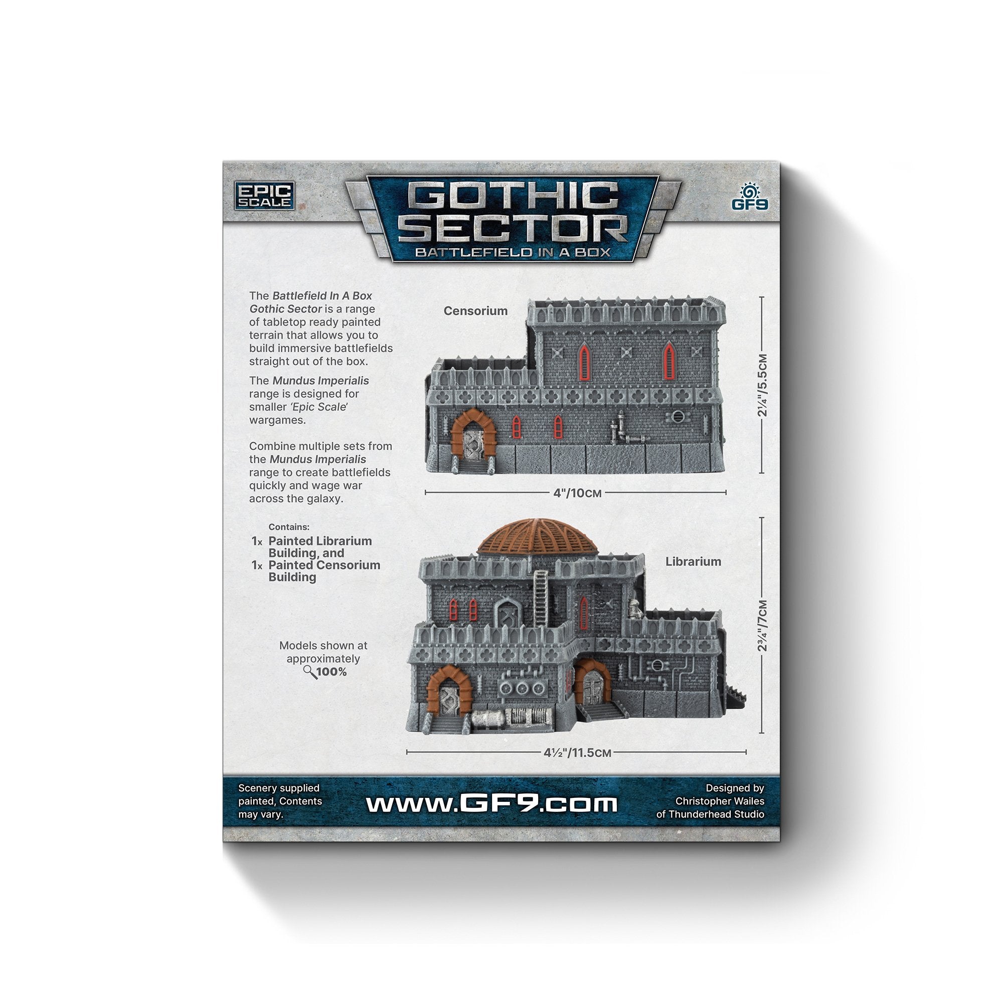 Product box showing two grey, gothic-style miniature buildings, Censorium and Librarium, with their dimensions