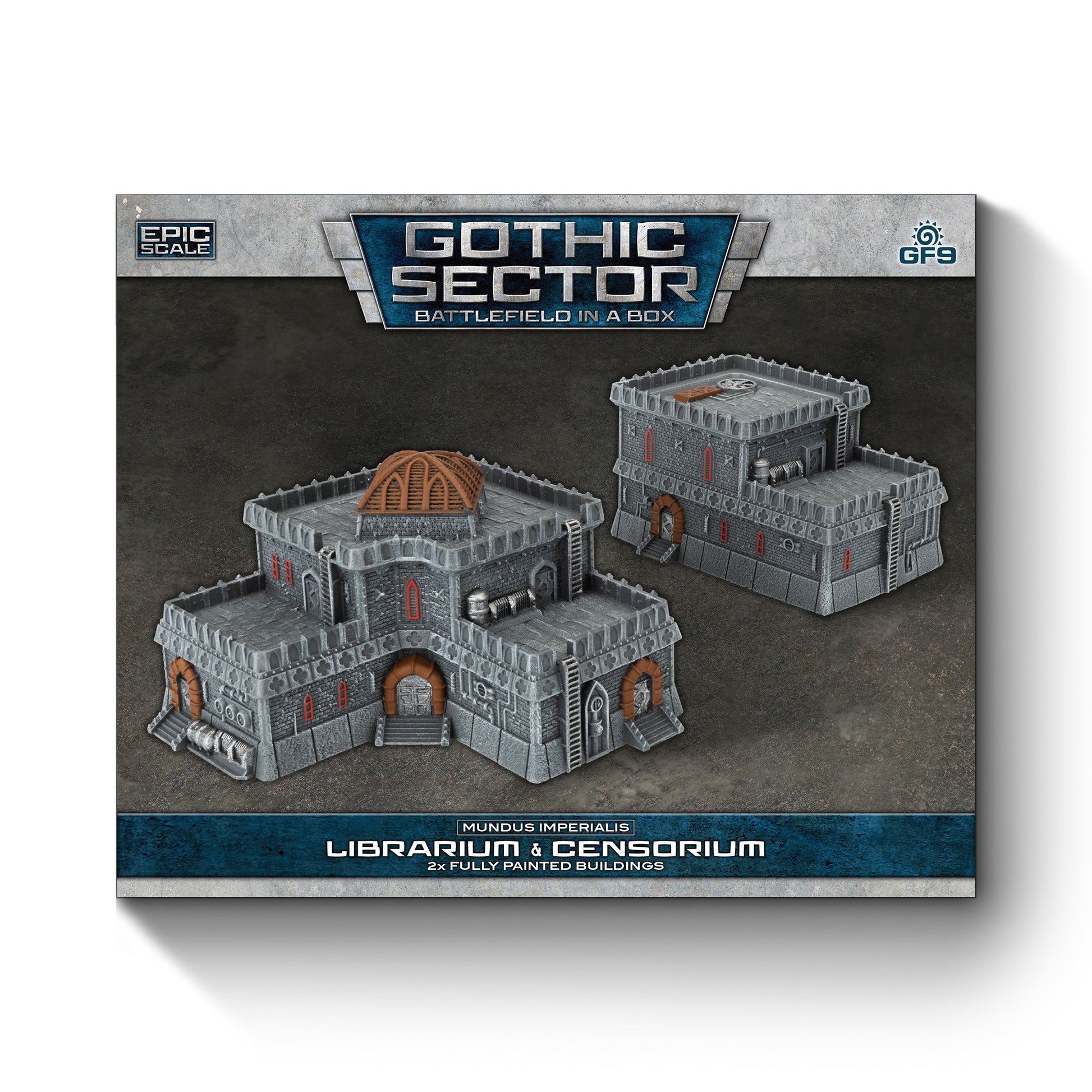 Product: Two grey Gothic miniature buildings (Librarium & Censorium) for 'Battlefield in a Box' wargame terrain