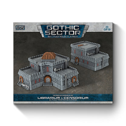 Product: Two grey Gothic miniature buildings (Librarium & Censorium) for 'Battlefield in a Box' wargame terrain